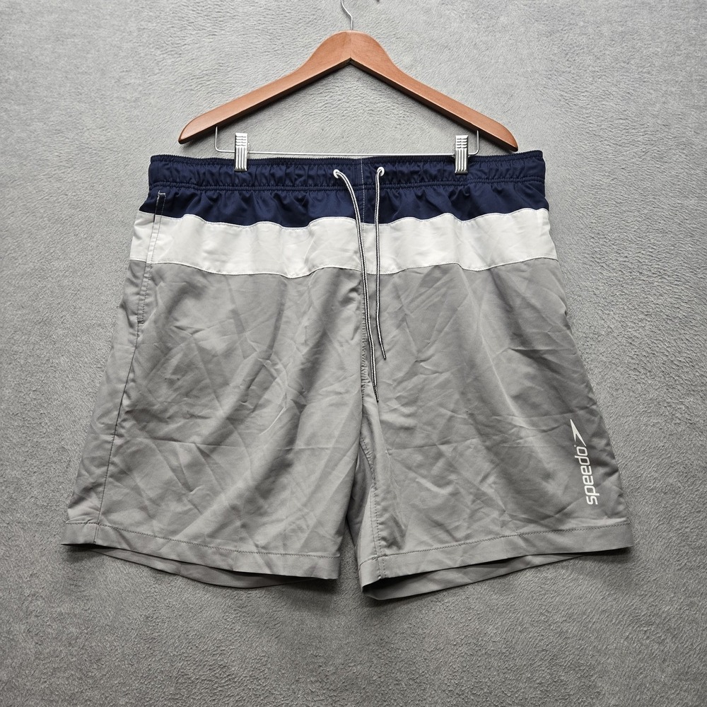 Speedo Men Swimwear XXL Gray Swim Trunks Colorblock Brand Logo Activewear 7"